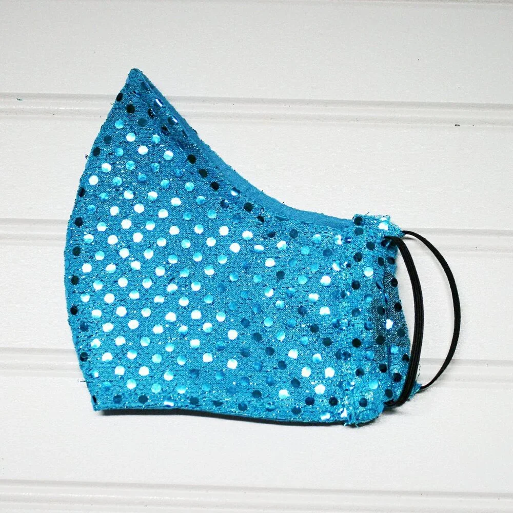 HAND CRAFTED Face Mask Turquoise Confetti Dot Sequin - Adult - Shield Style